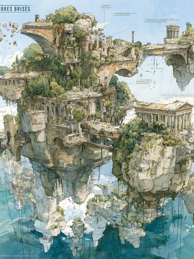 Floating Ruins Watercolor Print.