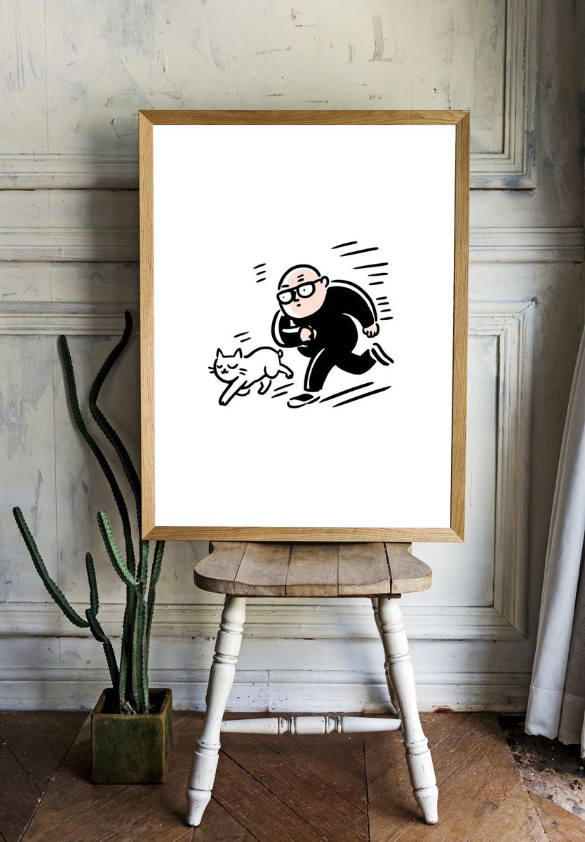 Running Man and Cat Cartoon Print. room preview