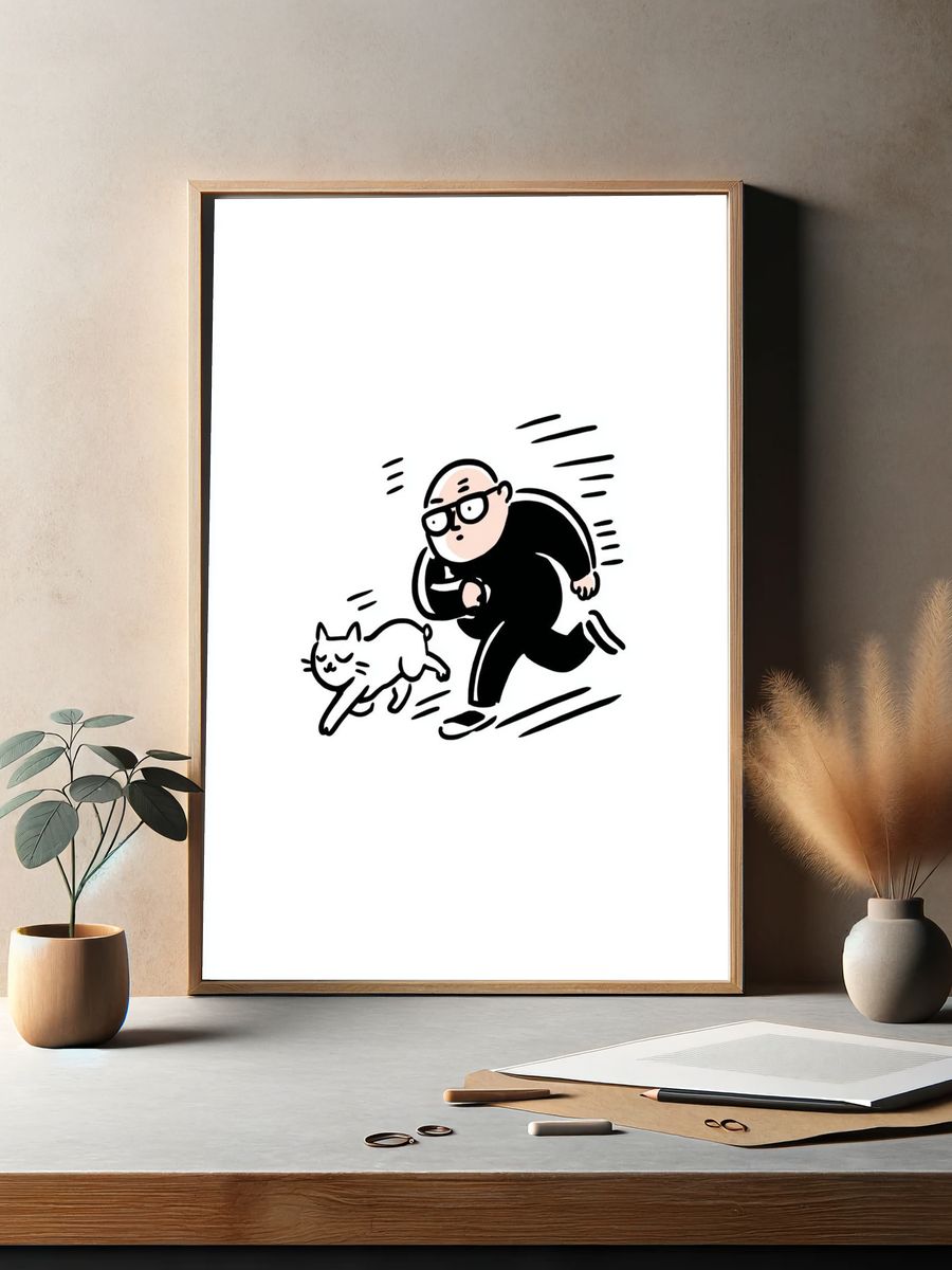Running Man and Cat Cartoon Print. — room view 2