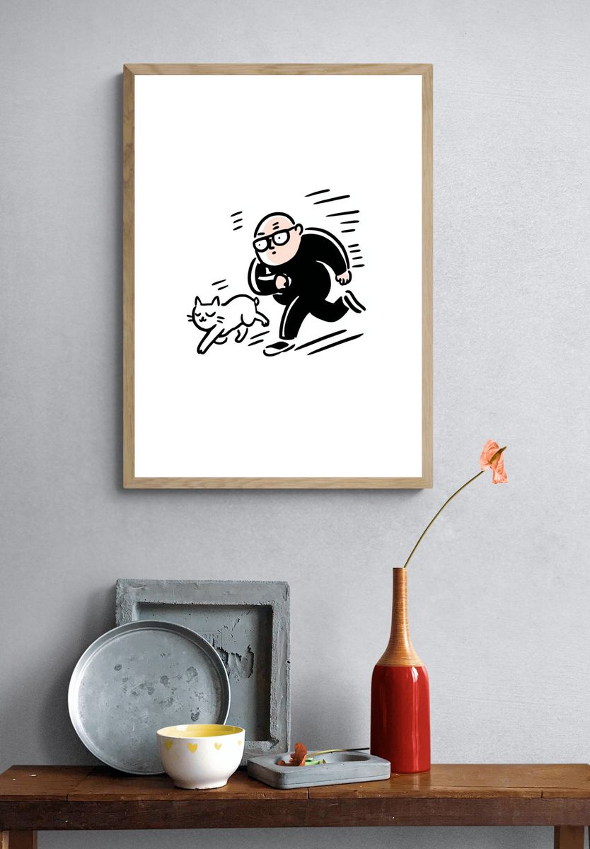 Running Man and Cat Cartoon Print. — room view 3