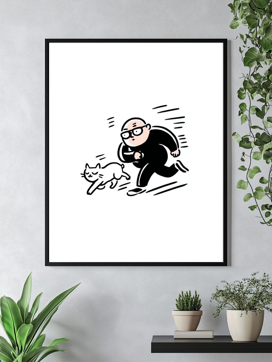 Running Man and Cat Cartoon Print. — room view 4