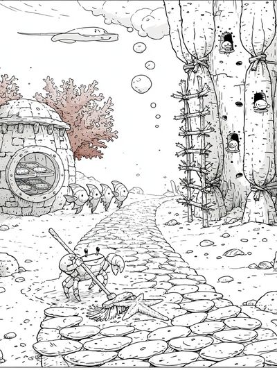 Underwater Village Illustration Poster.
