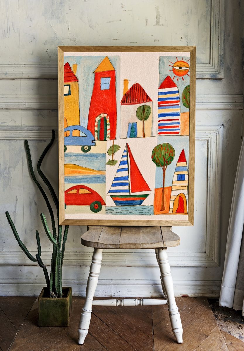 Whimsical Village Watercolor Poster. — room view 1