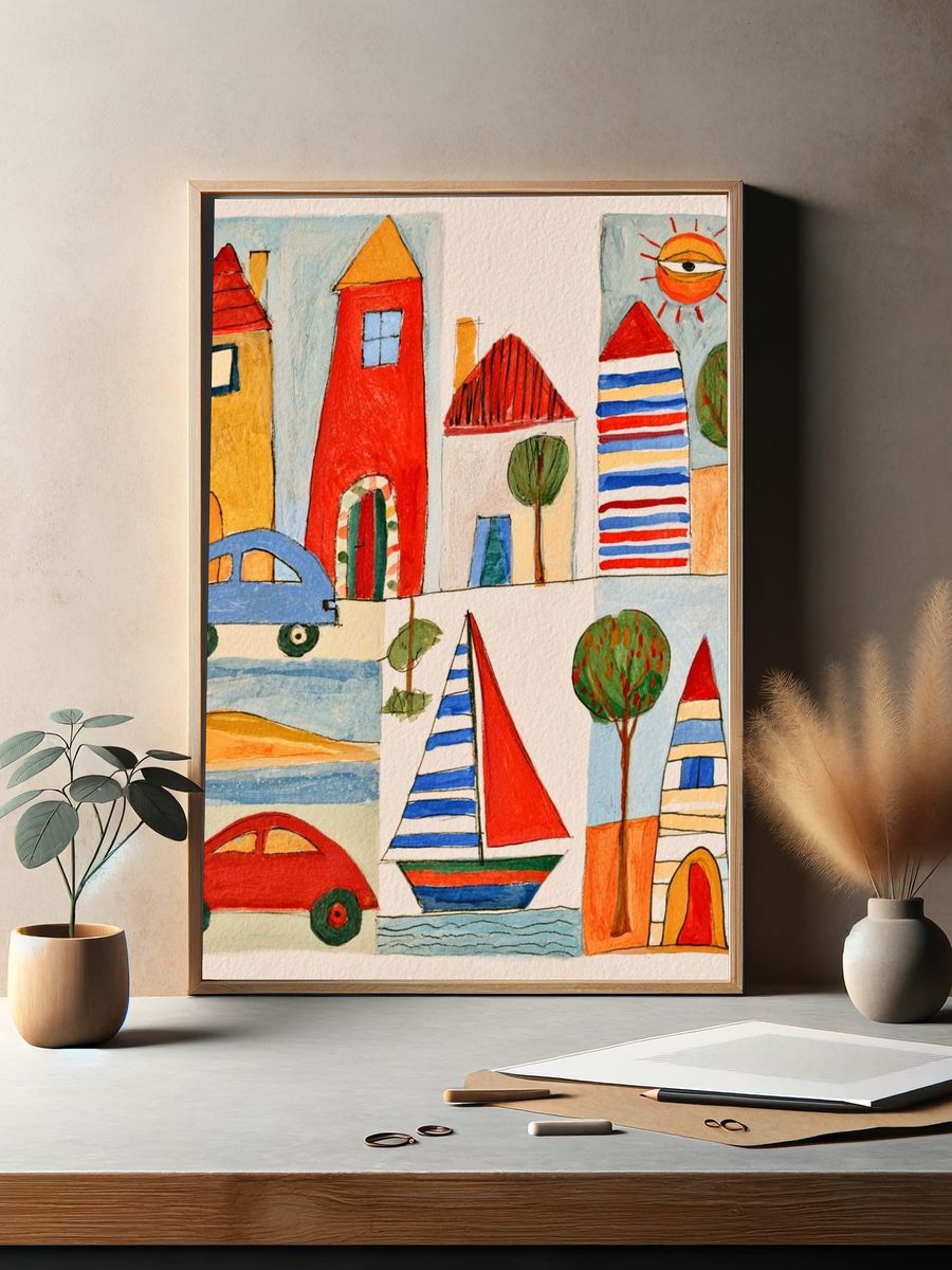 Whimsical Village Watercolor Poster. — room view 2