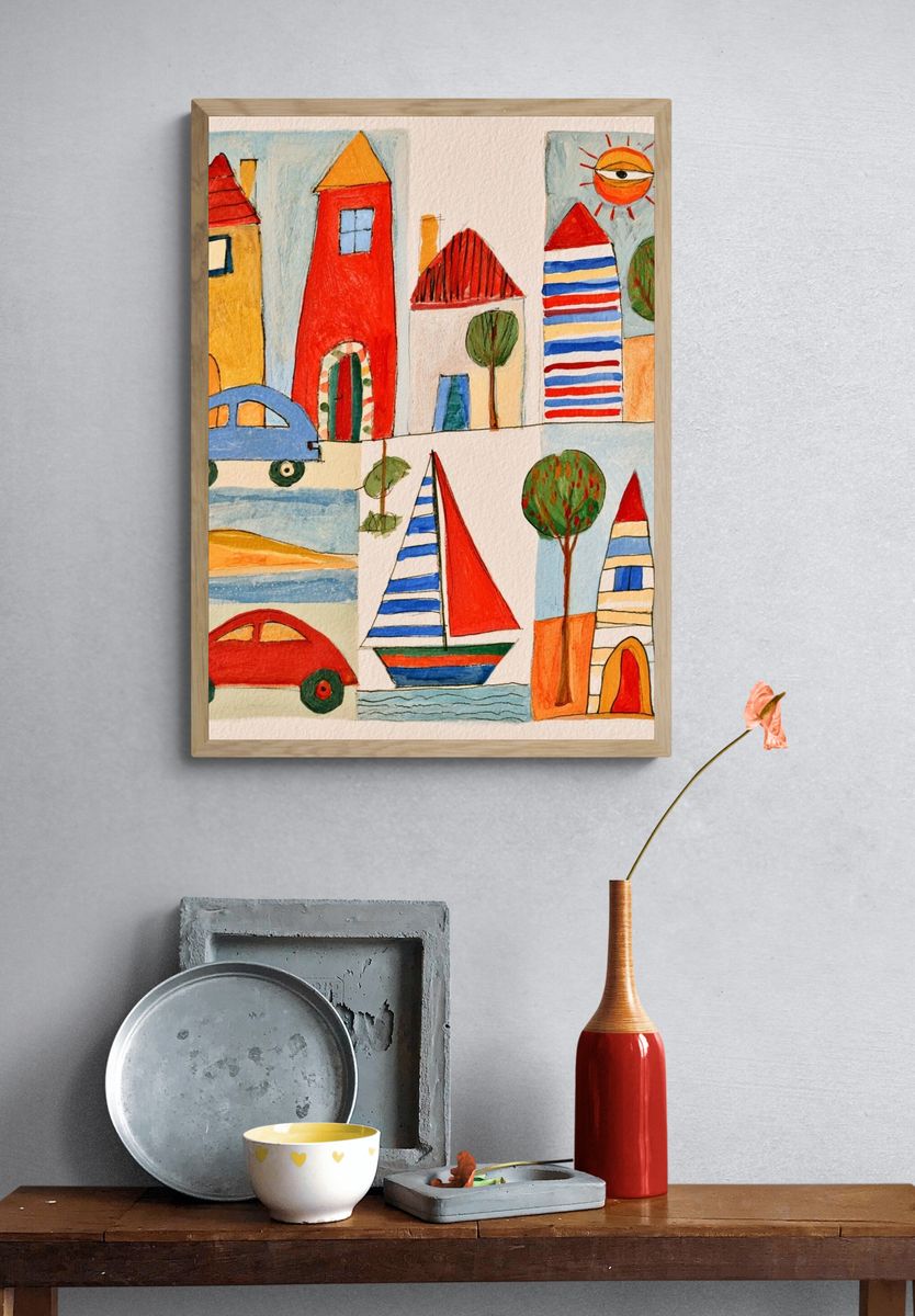 Whimsical Village Watercolor Poster. — room view 3