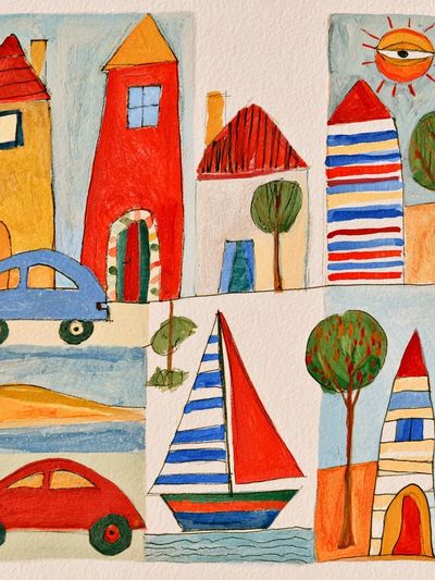 Whimsical Village Watercolor Poster.