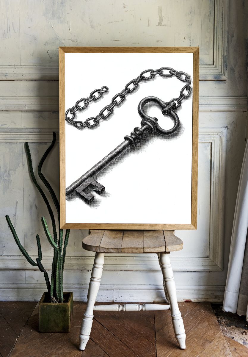 Antique Skeleton Key Illustration Print. room preview
