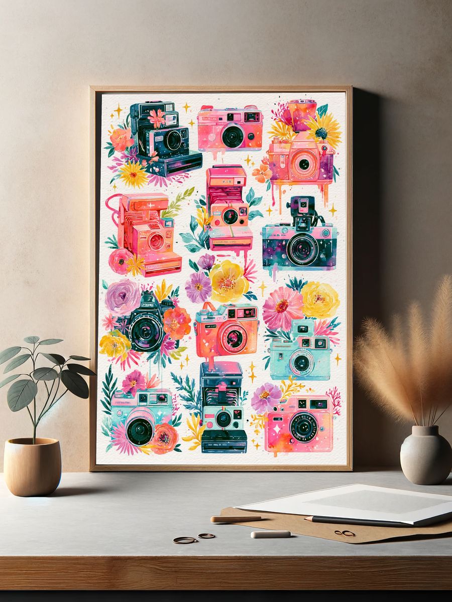 Floral Camera Collage Illustration Poster. — room view 2