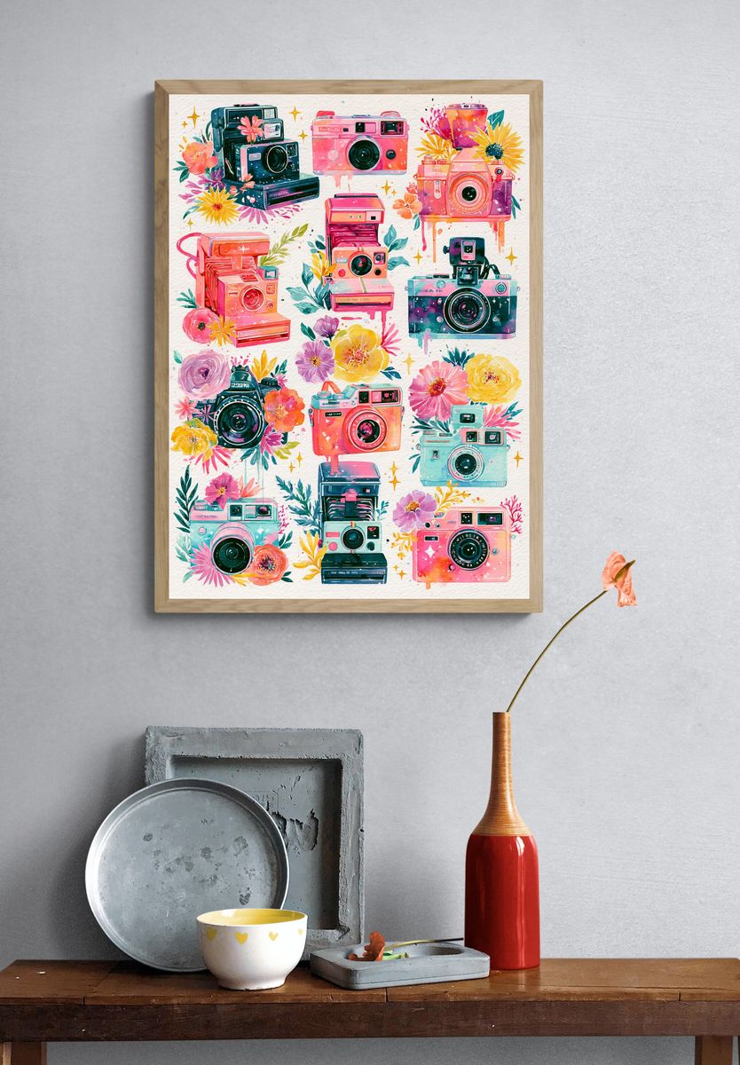 Floral Camera Collage Illustration Poster. — room view 3