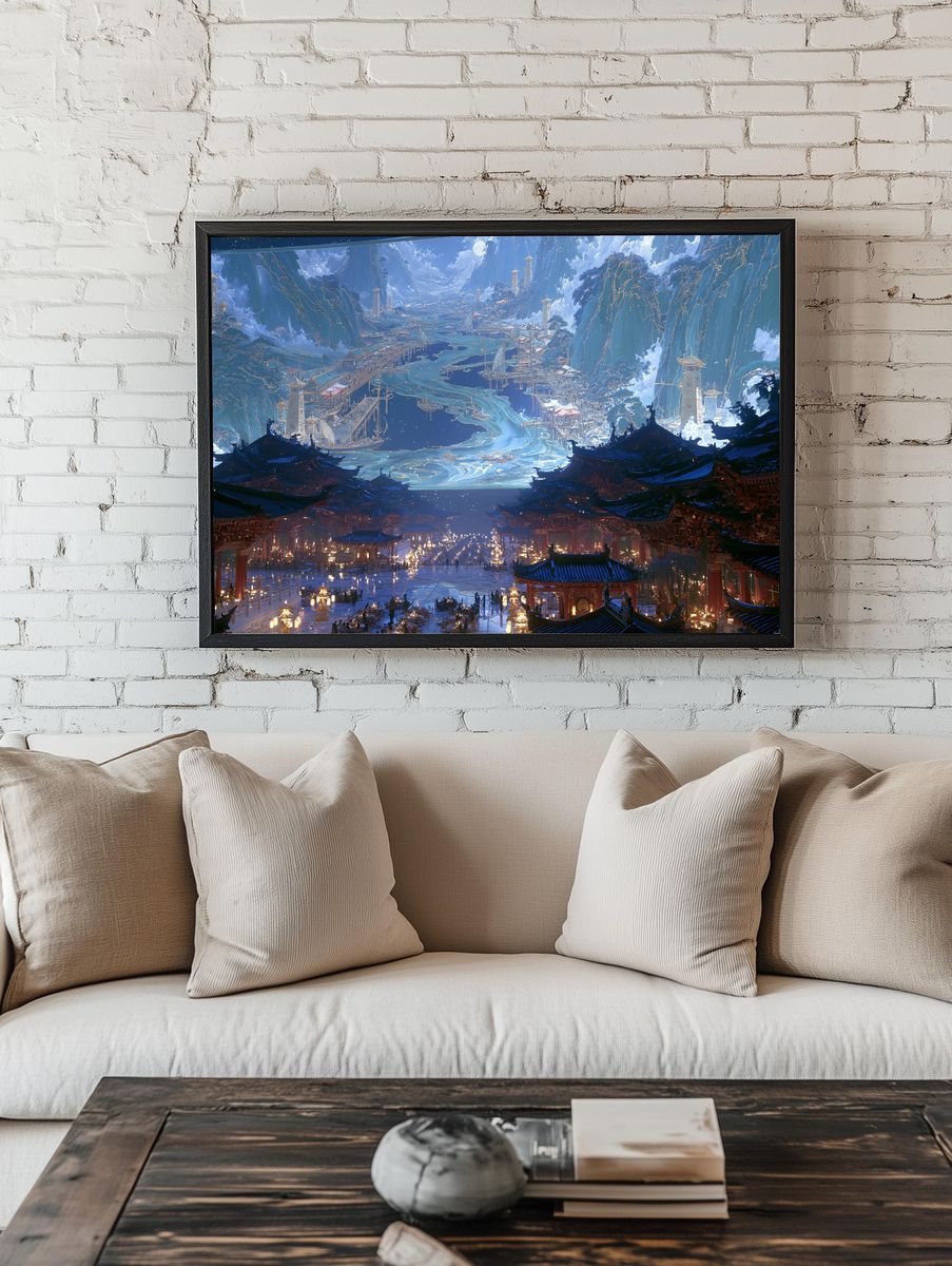 Celestial Mountain City Illustration Poster. — room view 1