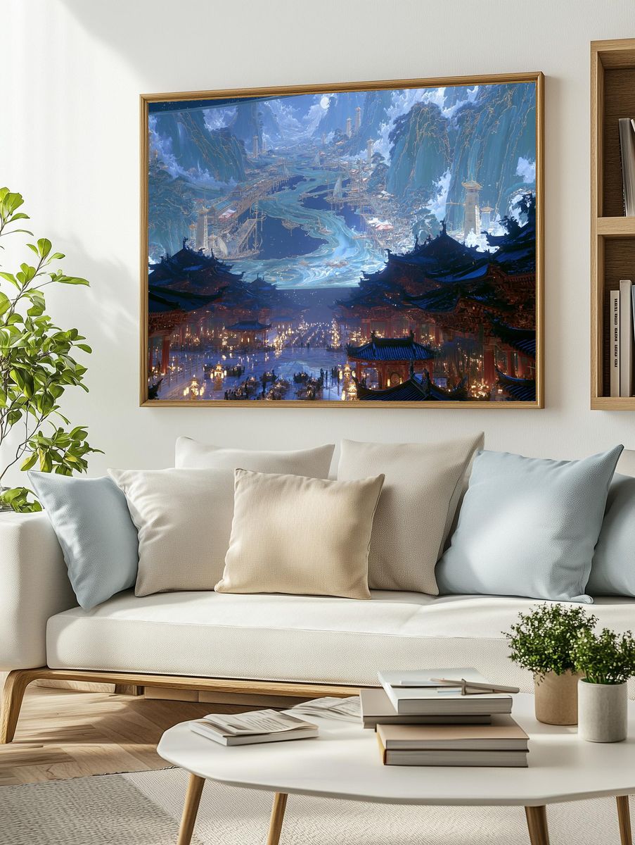 Celestial Mountain City Illustration Poster. — room view 2