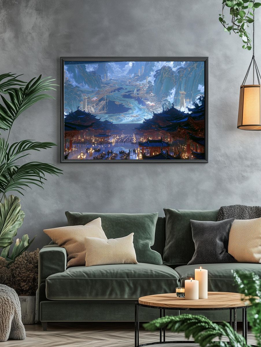 Celestial Mountain City Illustration Poster. — room view 4