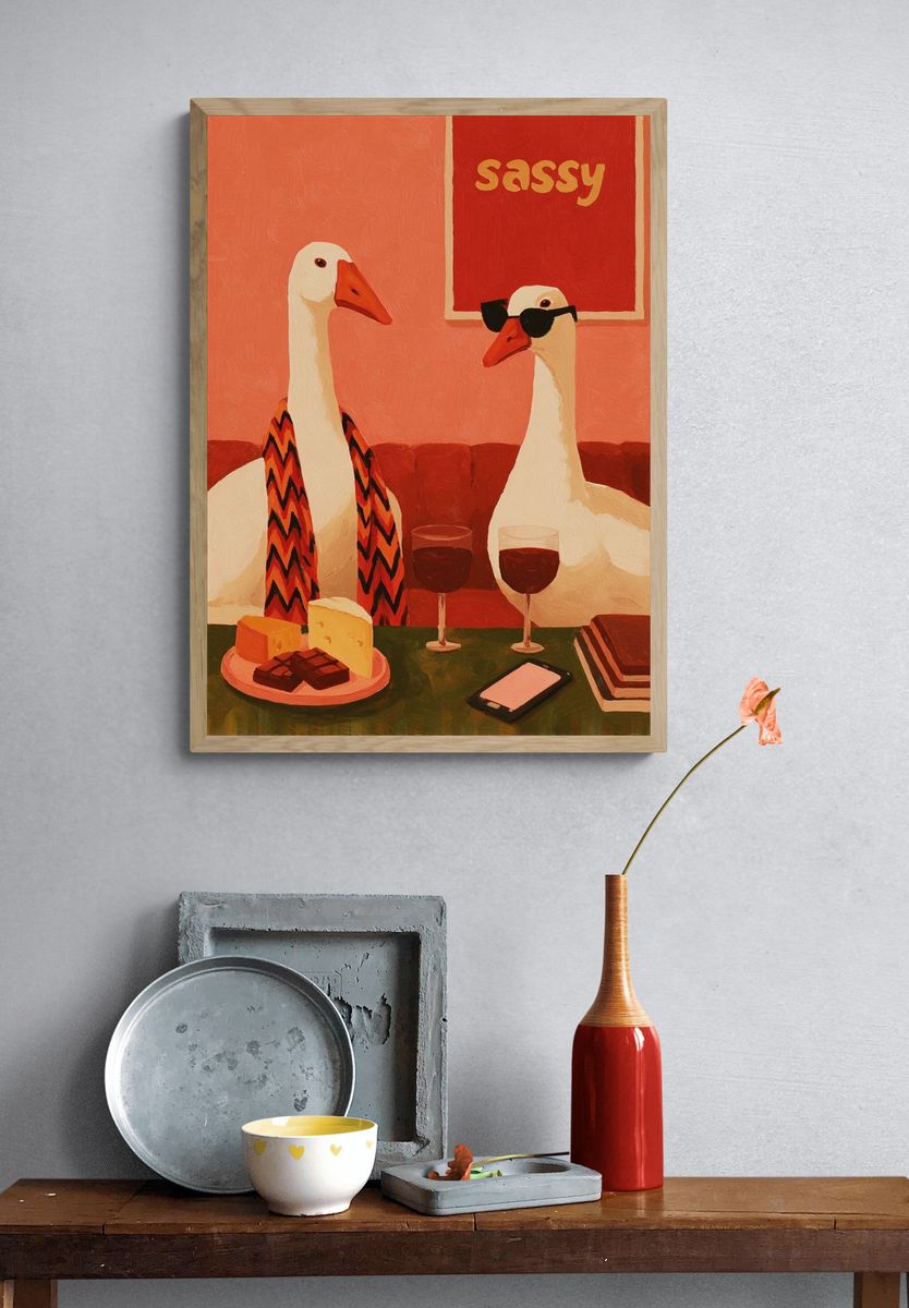 Sassy Geese Illustration Poster. — room view 3