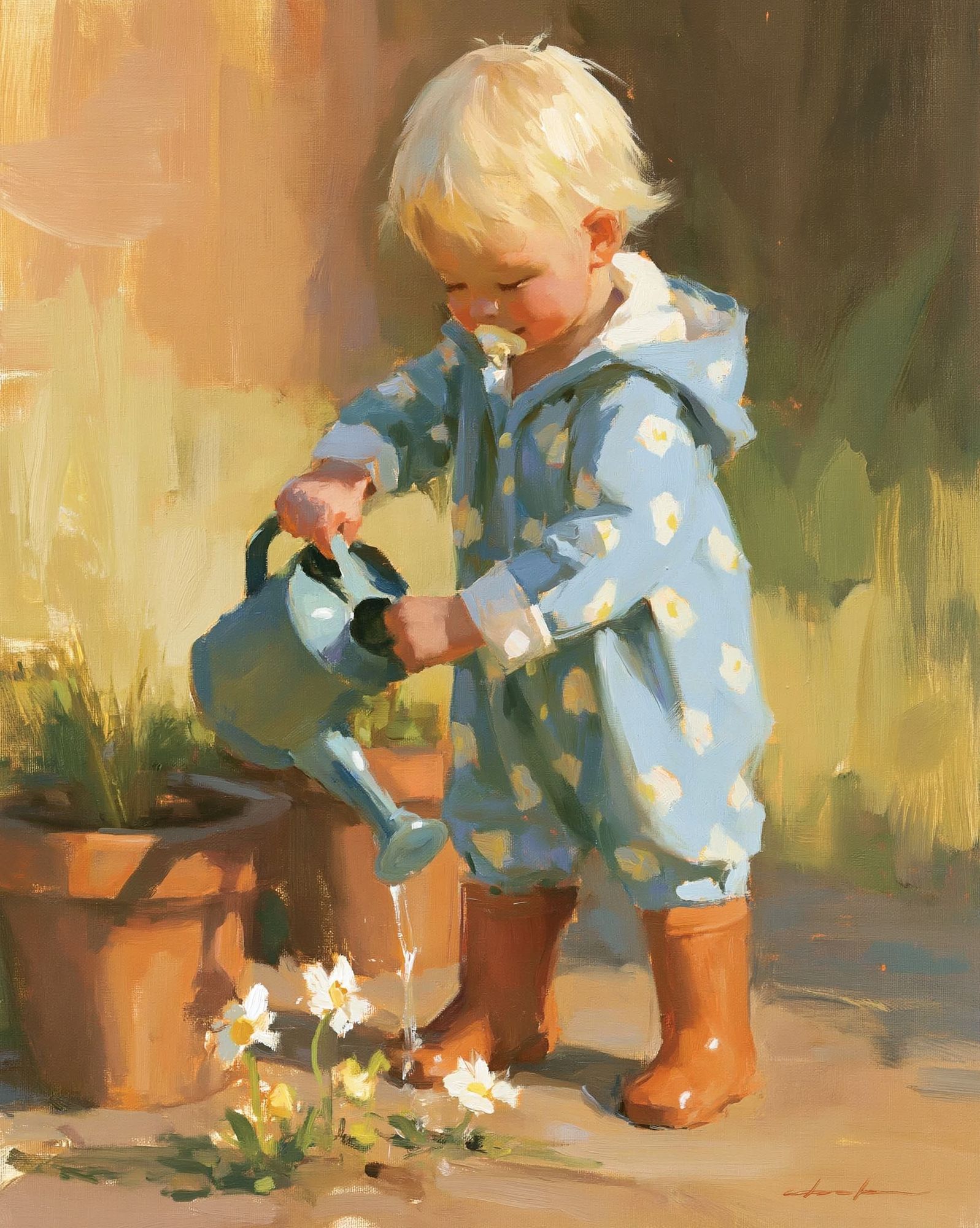 Toddler Watering Flowers Illustration Print. poster detail