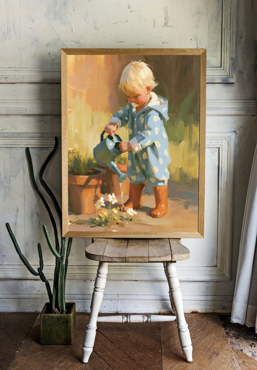 Toddler Watering Flowers Illustration Print. room preview