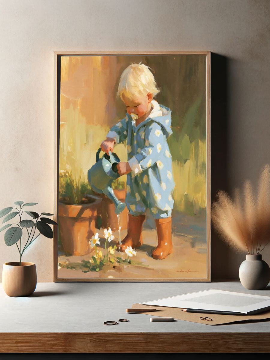 Toddler Watering Flowers Illustration Print. — room view 2