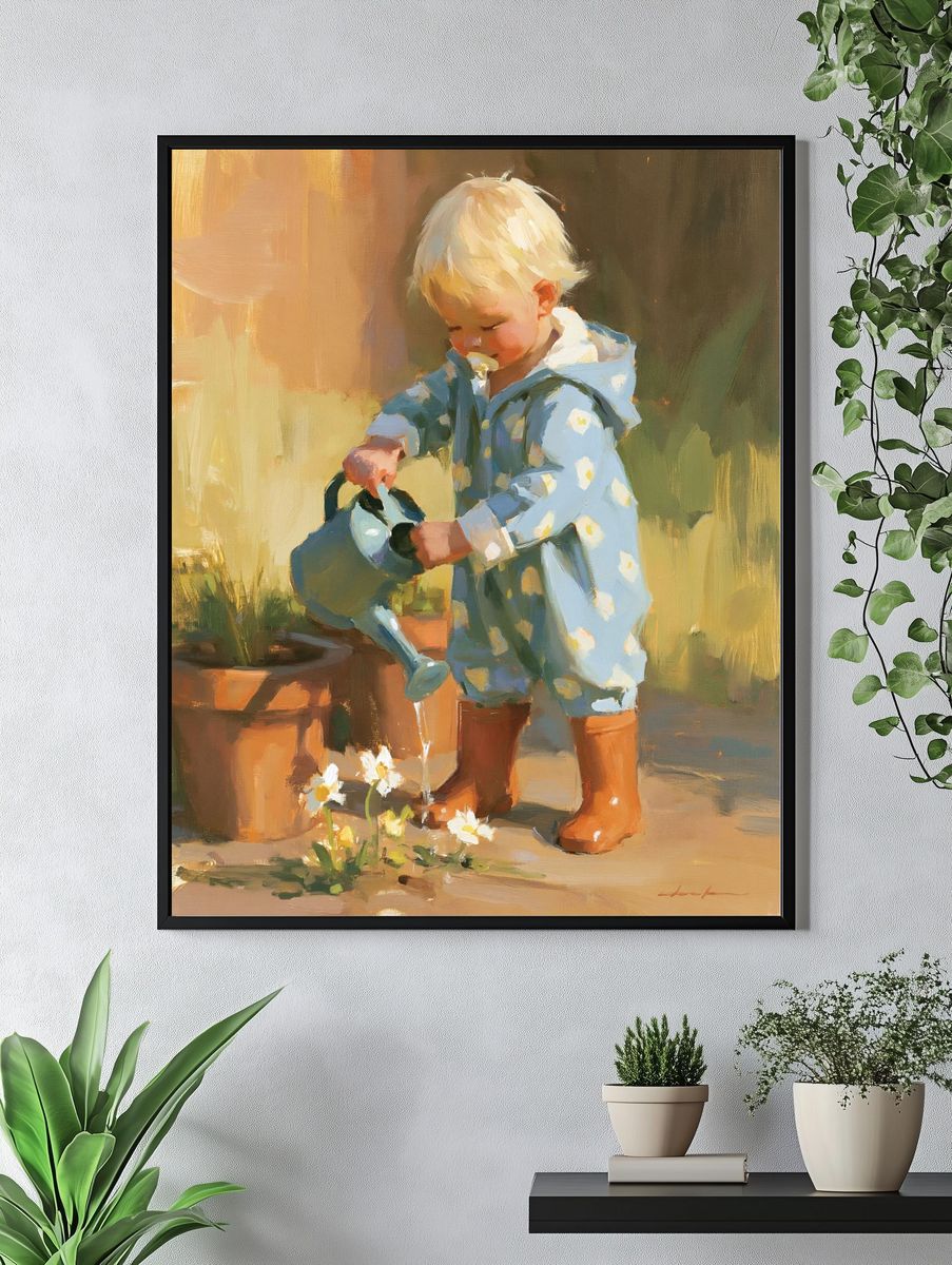 Toddler Watering Flowers Illustration Print. — room view 4