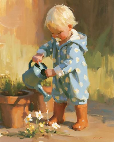 Toddler Watering Flowers Illustration Print. poster