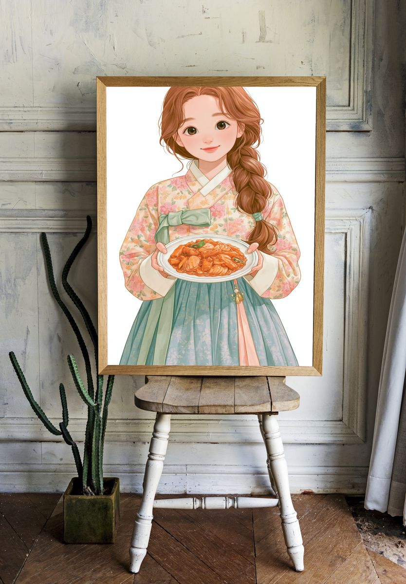 Korean Hanbok Girl Food Illustration Poster. — room view 1