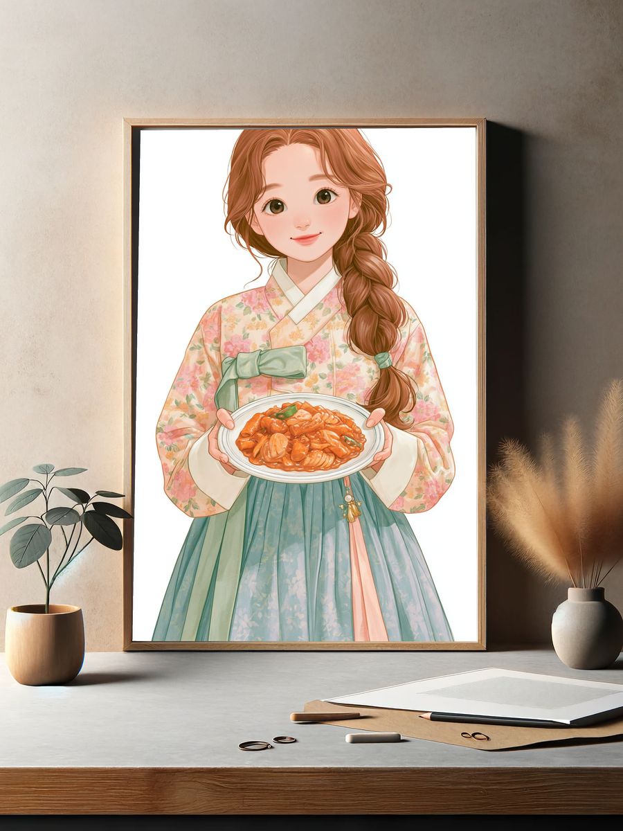 Korean Hanbok Girl Food Illustration Poster. — room view 2