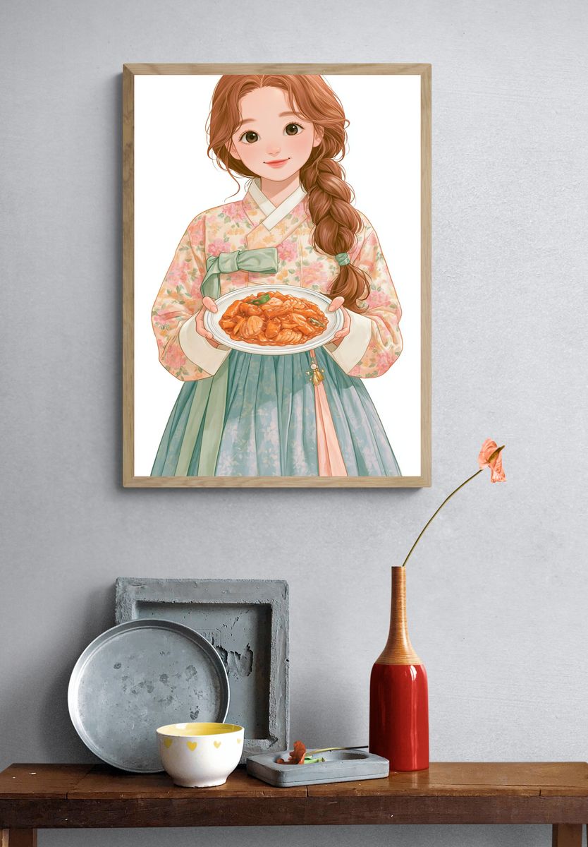 Korean Hanbok Girl Food Illustration Poster. — room view 3