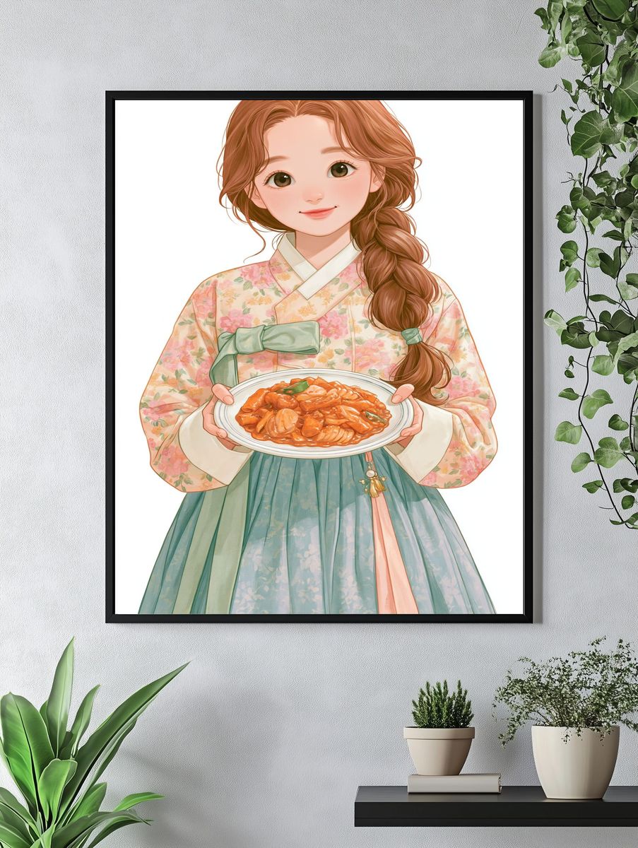 Korean Hanbok Girl Food Illustration Poster. — room view 4