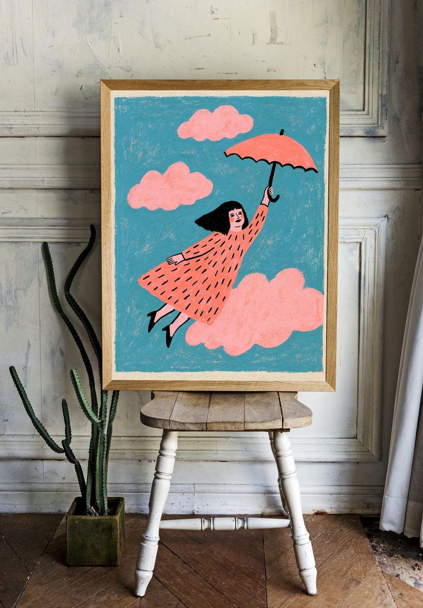 Girl in the Clouds Illustration Poster. room preview