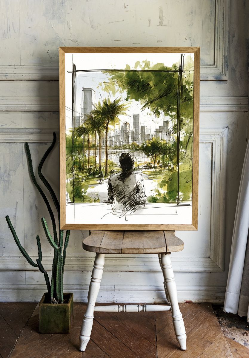 City View Watercolor Illustration Poster. — room view 1