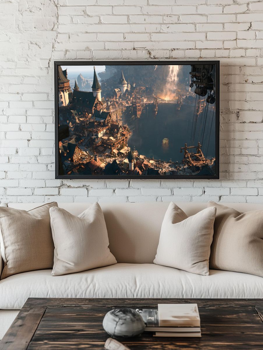 Fantasy Cliffside City Illustration Poster. room preview