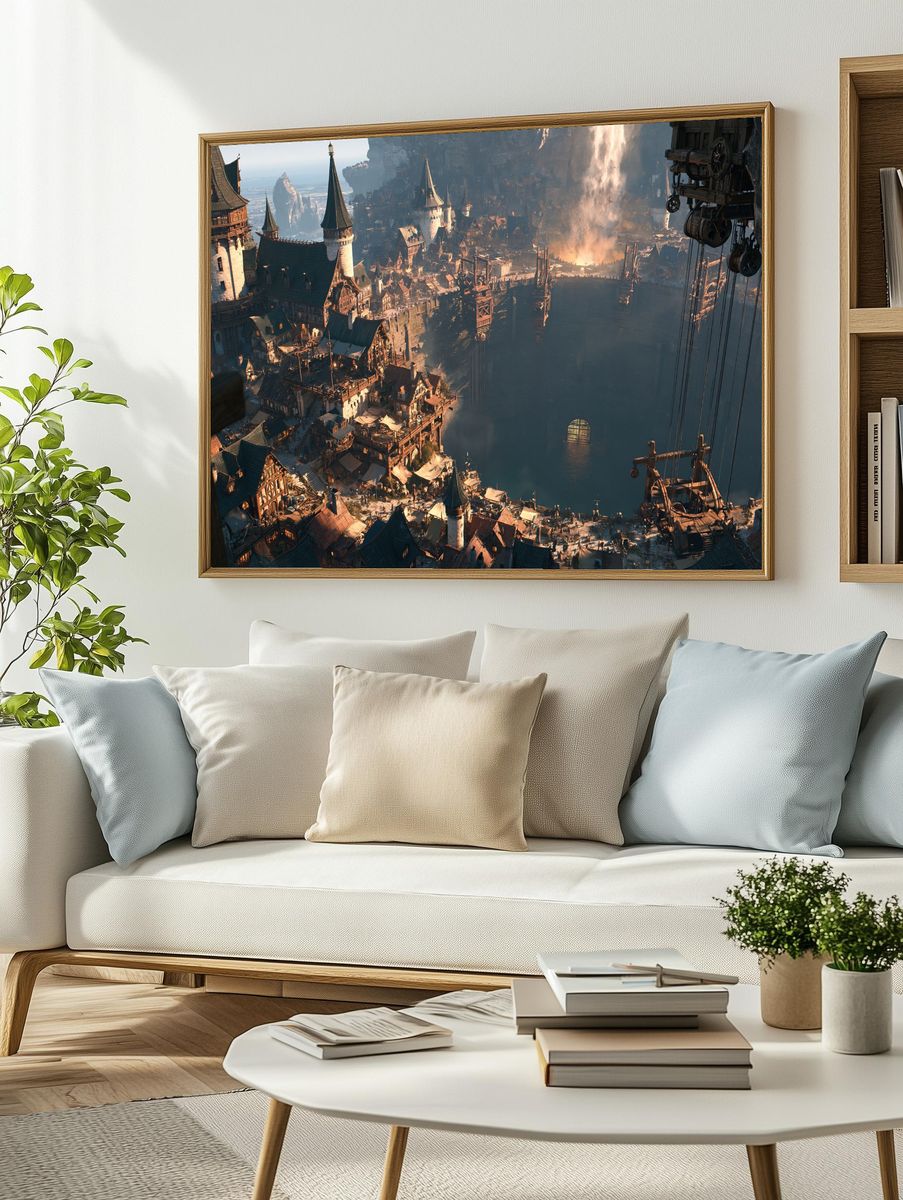 Fantasy Cliffside City Illustration Poster. — room view 2
