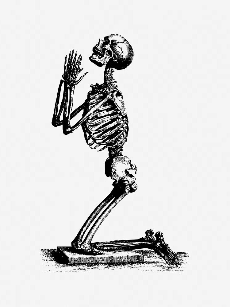 Vintage praying skeleton hand drawn. poster detail