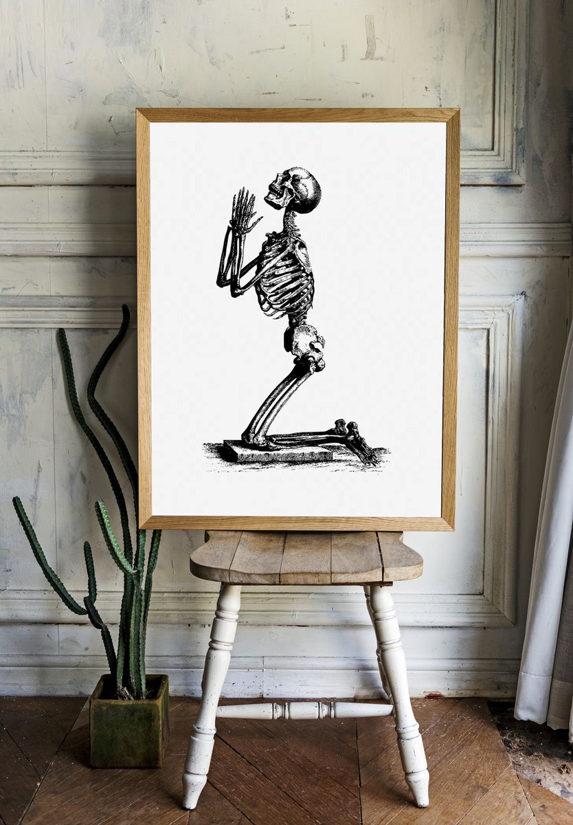 Vintage praying skeleton hand drawn. room preview