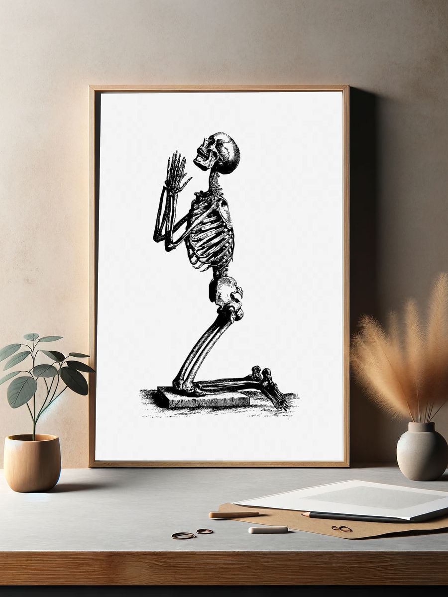 Vintage praying skeleton hand drawn. — room view 2
