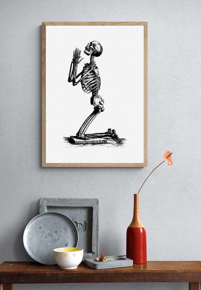 Vintage praying skeleton hand drawn. — room view 3