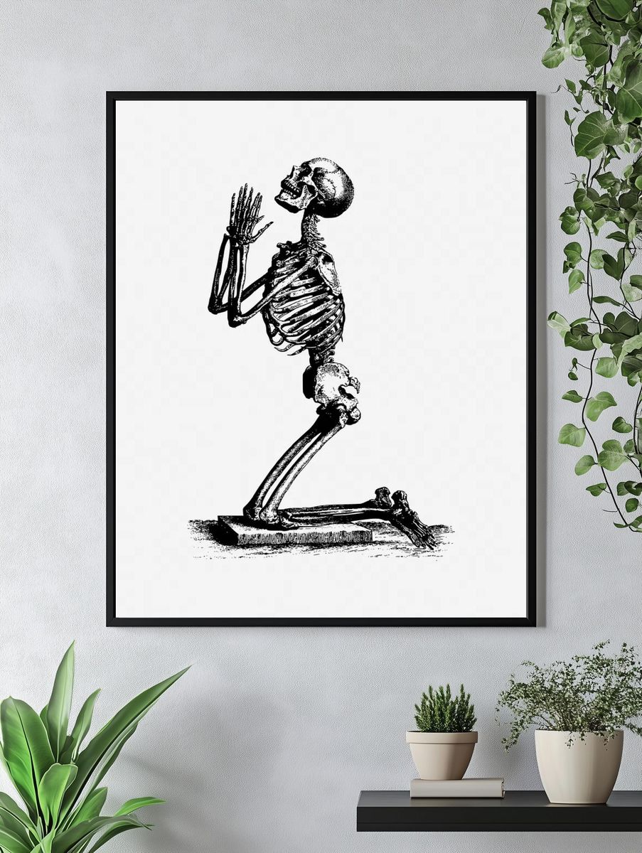 Vintage praying skeleton hand drawn. — room view 4