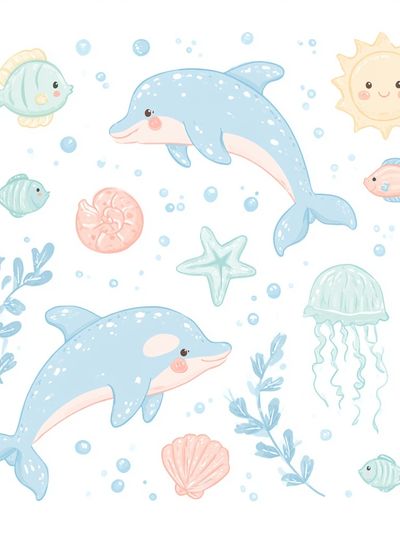 Pastel Ocean Friends Illustration Poster.