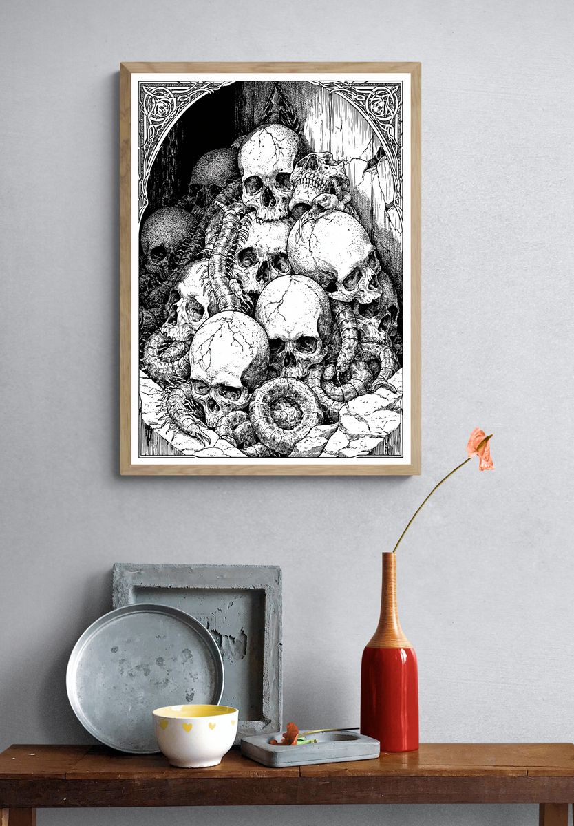Skull Pile Gothic Illustration Poster. — room view 3