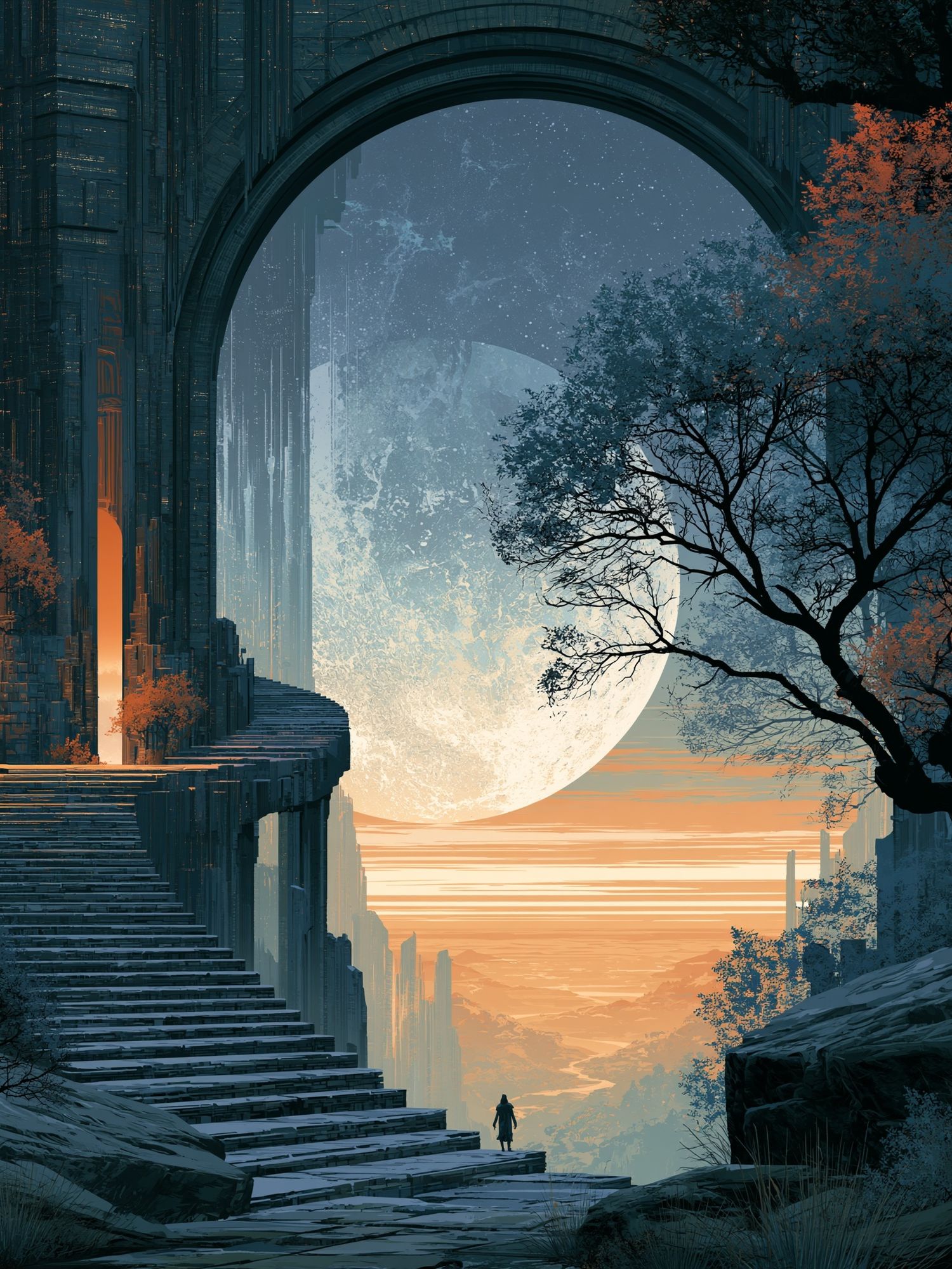 Moonlit Futuristic Landscape Print. poster — illustration art