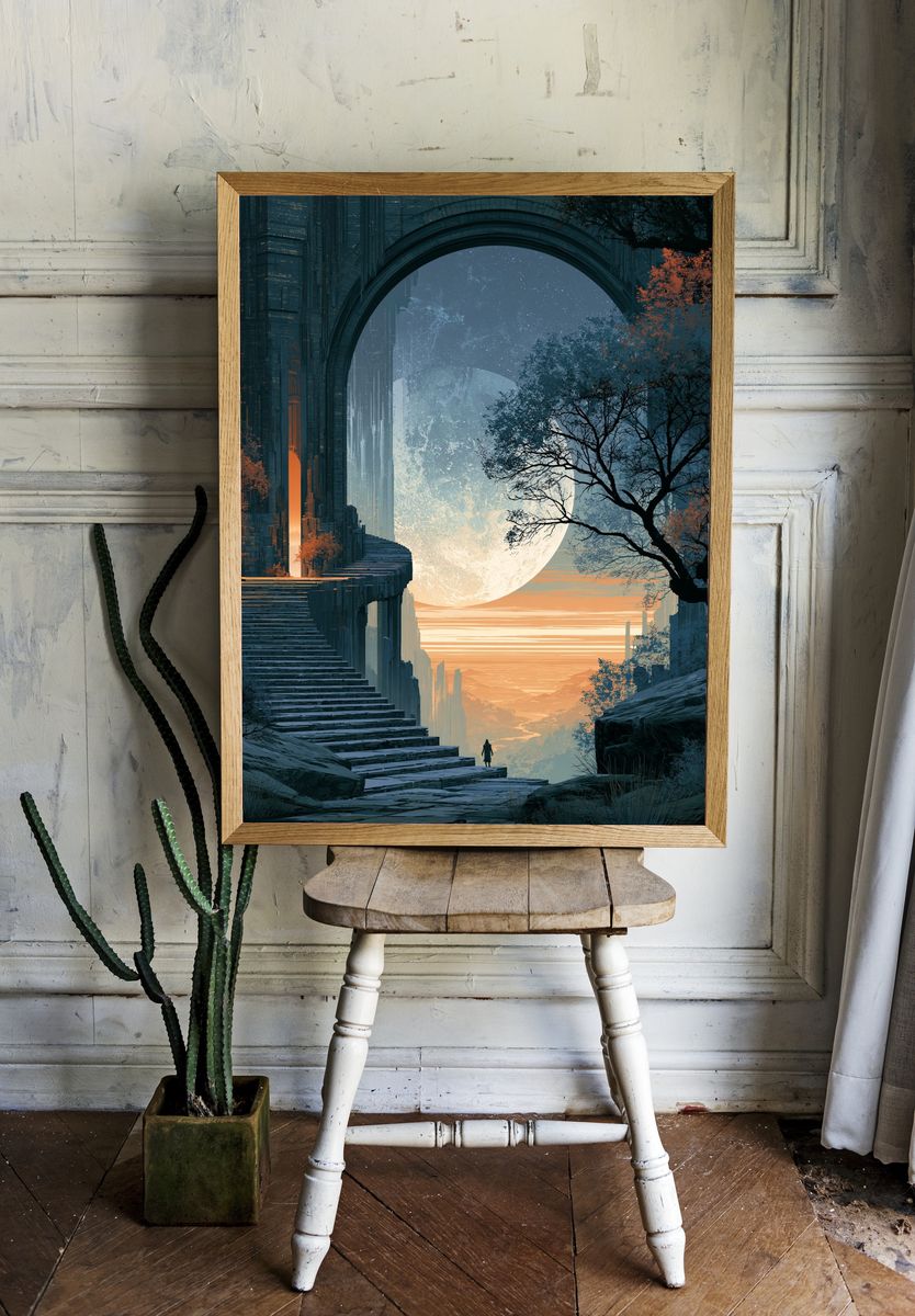 Moonlit Futuristic Landscape Print. room preview