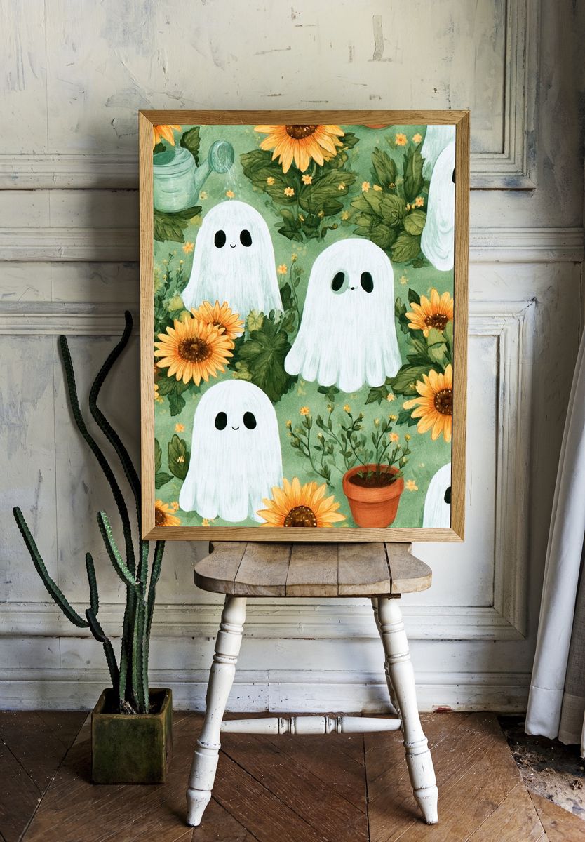 Ghosts and Sunflowers Illustration Poster. room preview