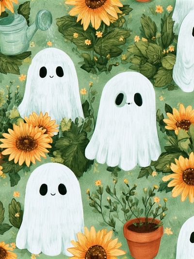 Ghosts and Sunflowers Illustration Poster.