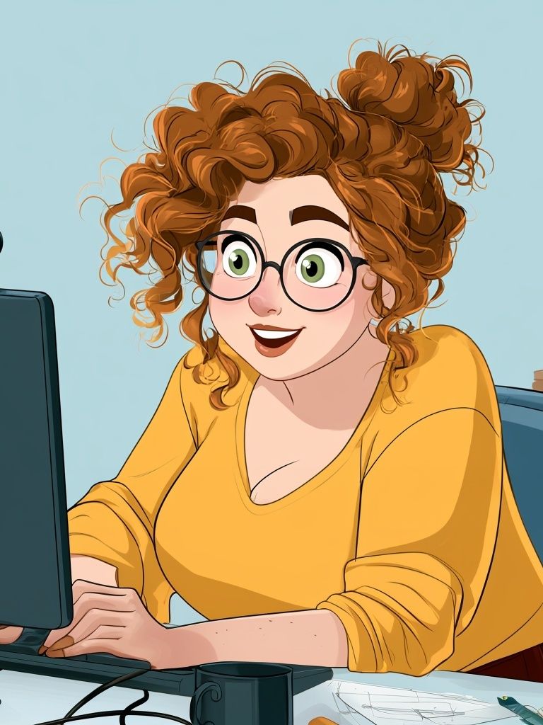 Curly-Haired Woman at Desk Illustration Poster. poster detail