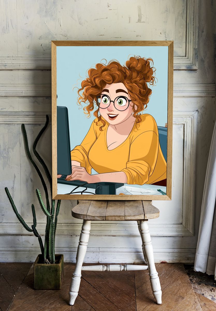 Curly-Haired Woman at Desk Illustration Poster. — room view 1
