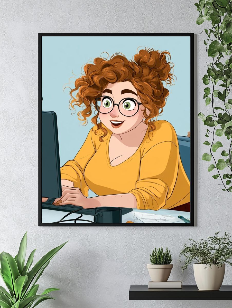 Curly-Haired Woman at Desk Illustration Poster. — room view 4
