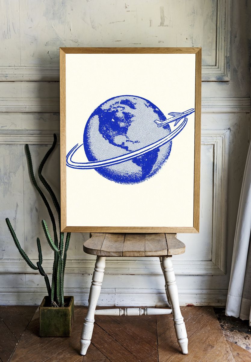 Blue Globe Airplane Illustration Poster. room preview