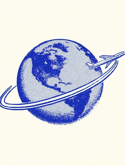 Blue Globe Airplane Illustration Poster.