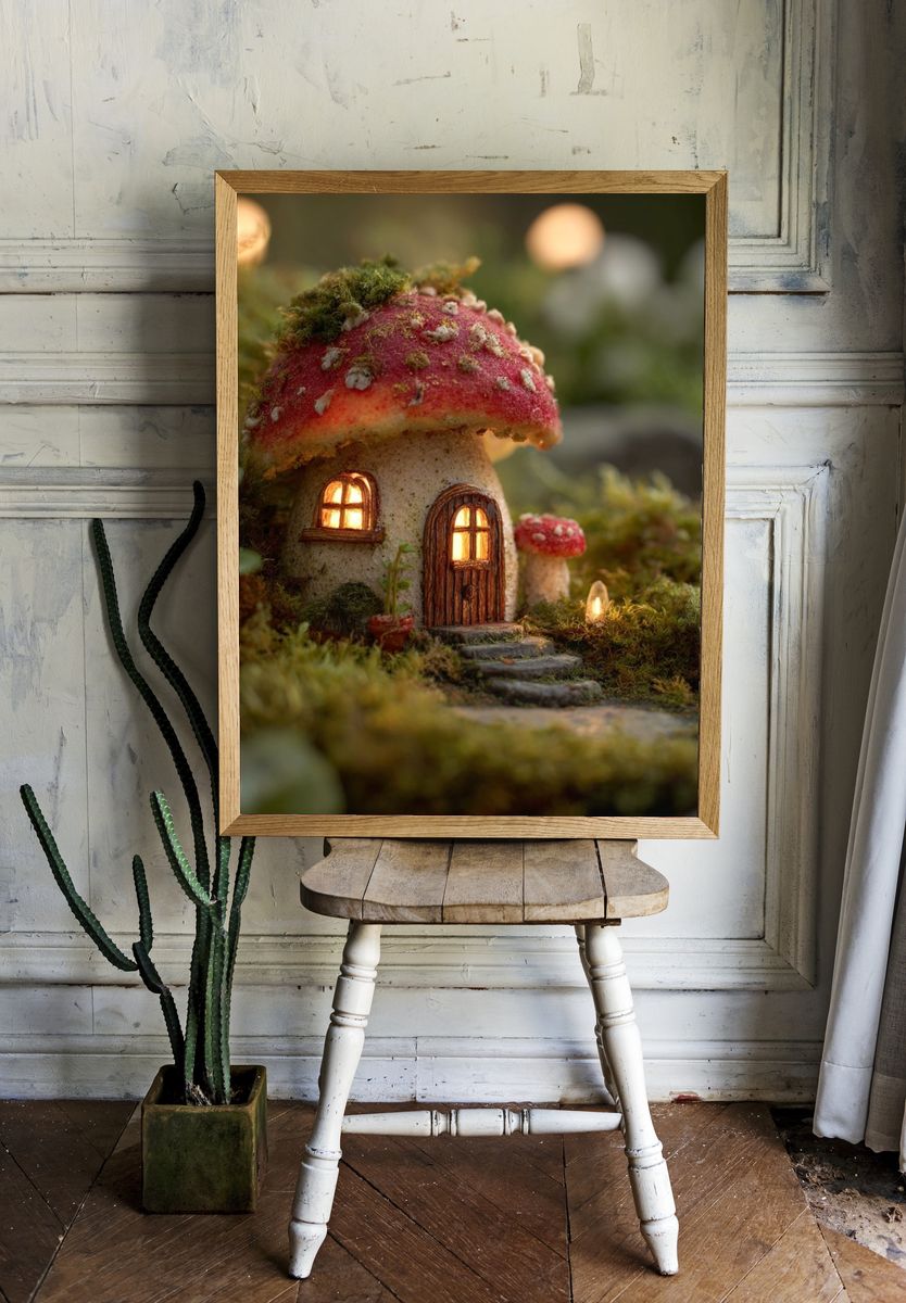 Enchanted Mushroom Cottage Illustration Poster. — room view 1