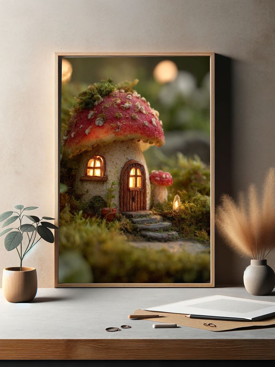 Enchanted Mushroom Cottage Illustration Poster. — room view 2