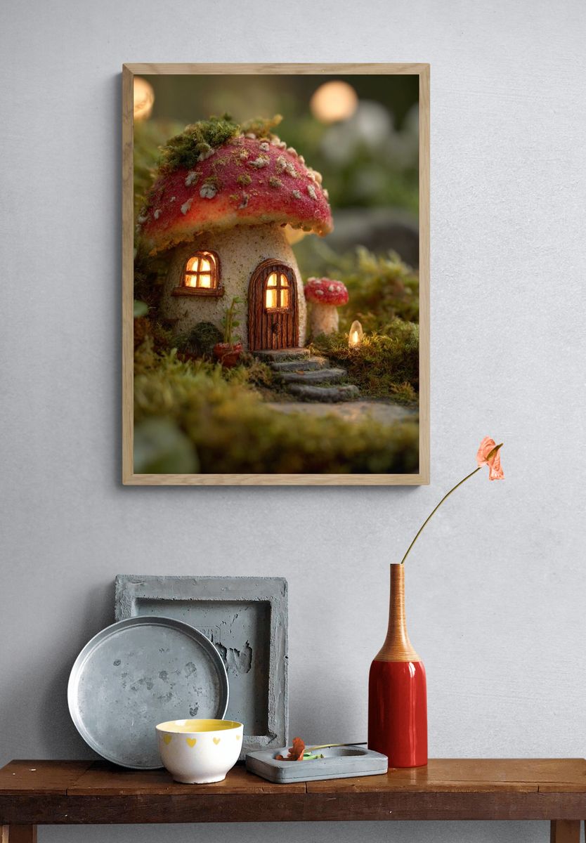 Enchanted Mushroom Cottage Illustration Poster. — room view 3