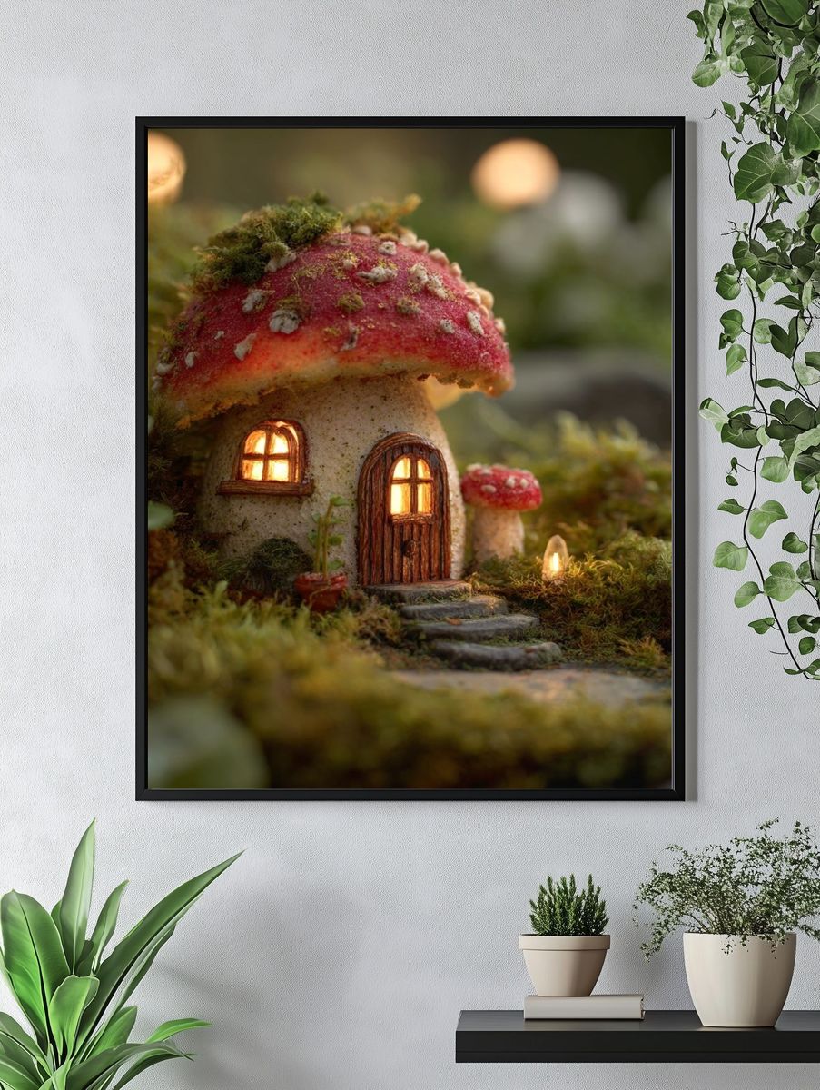 Enchanted Mushroom Cottage Illustration Poster. — room view 4